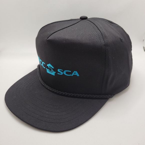 Black Stacked Hat FCC SCA Embroidered Logo Leather Strapback Adjustable Cap - Picture 4 of 12